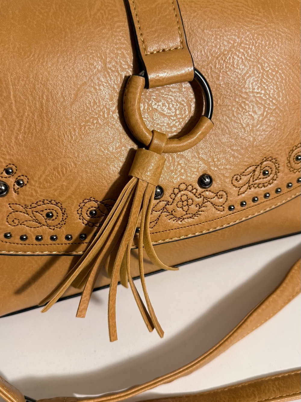 Embroidered Tassel Crossbody Bag in Tan - Picture 3 of 8